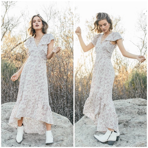 Lovestitch Erina Cream and Purple Floral High-Low Ruffled Wrap Sundress - Picture 13 of 15